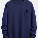 Long Sleeve Pocket Black Cat Print Cotton T-Shirt