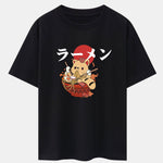 Ramen Cat Print Drop Shoulder Oversize T-Shirt