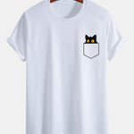 Regular Fit Pocket Black Cat Print Cotton T-Shirt