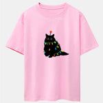 Christmas Lights Black Cat Print Drop Shoulder Oversize T-Shirt