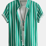 Striped Button Up Stand Collar Shirt & Man Mid Length Drawstring Swim Shorts