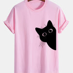 Regular Fit Black Cat Looking Out Print Cotton T-Shirt
