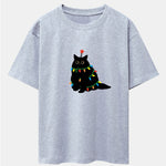 Christmas Lights Black Cat Print Drop Shoulder Oversize T-Shirt