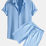 Muscle Fit Ribbed Button Up Shirt & Shorts