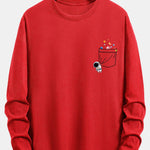 Long Sleeve Pocket Planet Astronaut Print Cotton T-Shirt