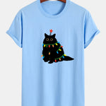 Regular Fit Colorful Light Black Cat Print Cotton T-Shirt