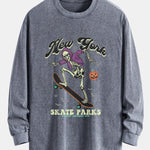 Halloween Skateboard Skeleton Print Relax Fit Long Sleeve Washed Distressed T-Shirt