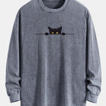 Black Cat Print Relax Fit Long Sleeve Washed Distressed T-Shirt