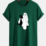 Regular Fit Ghost Black Cat Print Cotton T-Shirt