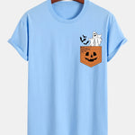 Regular Fit Pocket Pumpkin Ghost Print Cotton T-Shirt