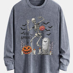Halloween Skeleton Stay Spooky Print Relax Fit Long Sleeve Washed Distressed T-Shirt