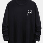 Long Sleeve Cat With Sunglasses Print Cotton Arc Hem T-Shirt