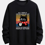 Black Cat Drinking Coffee Print Relax Fit Sweatshirt