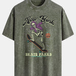 Halloween Skateboard Skeleton Print Washed Distressed Drop Shoulder T-Shirt