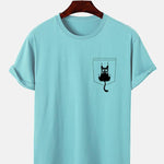 Cat Slipping Out Of Pocket Print T-Shirt