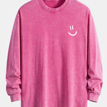 Smiley Face Print Relax Fit Long Sleeve Washed Distressed T-Shirt