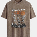 Halloween Dancing Skeleton Print Washed Distressed Drop Shoulder T-Shirt