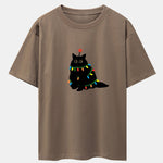 Christmas Lights Black Cat Print Drop Shoulder Oversize T-Shirt