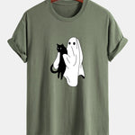 Regular Fit Ghost Black Cat Print Cotton T-Shirt