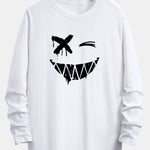 Long Sleeve Graffiti Smiley Face Print Cotton Arc Hem T-Shirt