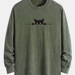 Black Cat Print Relax Fit Long Sleeve Washed Distressed T-Shirt