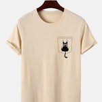 Cat Slipping Out Of Pocket Print T-Shirt