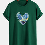 Regular Fit Starry Sky Heart Print Cotton T-Shirt