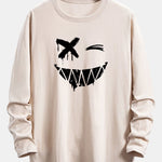Long Sleeve Graffiti Smiley Face Print Cotton Arc Hem T-Shirt