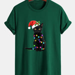 Regular Fit Christmas Lights Cat Print Cotton T-Shirt