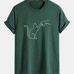 Regular Fit Fist Bump Cat Print Cotton T-Shirt