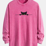 Black Cat Print Relax Fit Long Sleeve Washed Distressed T-Shirt