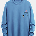 Long Sleeve Pocket Planet Astronaut Print Cotton T-Shirt