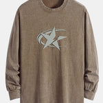 Star Print Relax Fit Long Sleeve Washed Distressed T-Shirt