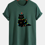 Regular Fit Colorful Light Black Cat Print Cotton T-Shirt