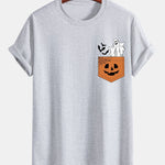 Regular Fit Pocket Pumpkin Ghost Print Cotton T-Shirt