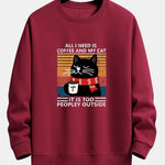 Black Cat Drinking Coffee Print Relax Fit Sweatshirt
