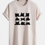 Regular Fit Black Cat Staring Print Cotton T-Shirt