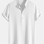 Crinkled Cotton Half Open Placket Henley Collar Shirt