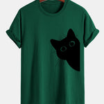 Regular Fit Black Cat Looking Out Print Cotton T-Shirt