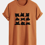 Regular Fit Black Cat Staring Print Cotton T-Shirt