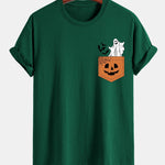 Regular Fit Pocket Pumpkin Ghost Print Cotton T-Shirt