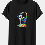 Headphones Graffiti Print Cotton Arc Hem T-Shirt