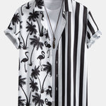 Palm Tree Flamingo Stripe Patchwork Print Button Up Shirt & Swim Shorts