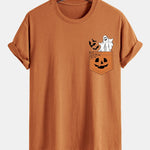Regular Fit Pocket Pumpkin Ghost Print Cotton T-Shirt