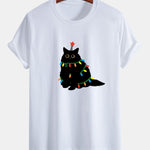 Regular Fit Colorful Light Black Cat Print Cotton T-Shirt