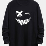 Long Sleeve Graffiti Smiley Face Print Cotton Arc Hem T-Shirt