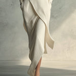 Women's Cream Elegant Rib - Knit Cowl Neck Wrap Skirt Set