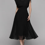 Women's Jet Black Chiffon Dress With Cap Sleeves & Smocked Waist, Modern Effortless-Chic Style Dress