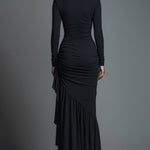 Women's Black Elegant Jersey Knit Ruched Maxi Dress