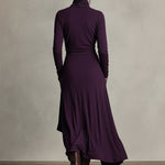 Women's Purple Bohemian Cotton Stretch Turtleneck Asymmetrical Draped Maxi Dress